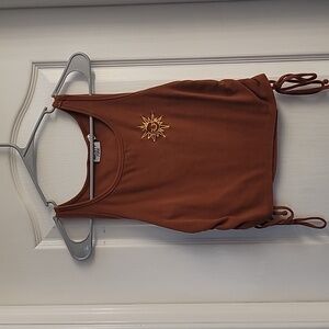 Burnt orange/brown tank top, crop top with smiling sun